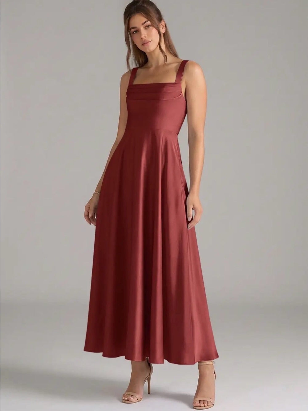 Azazie Terracotta A-Line Pleated Stretch Satin Dress